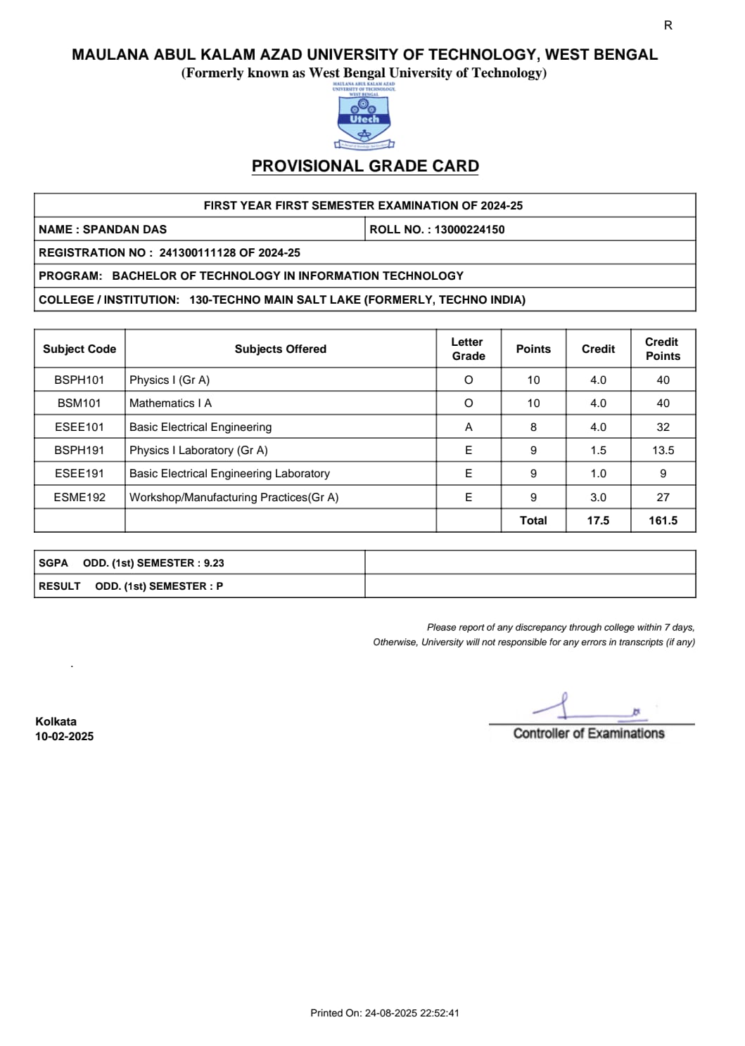 Grade Card 1st Sem
